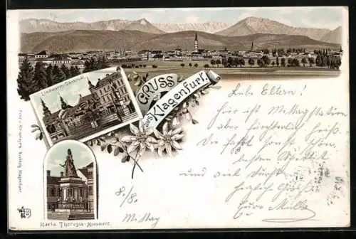 Lithographie Klagenfurt, Lindwurm-Denkmal, Maria-Theresia-Monument