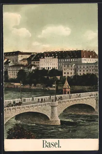 AK Basel, Teilansicht mit Rheinbrücke