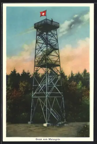 AK Hägglingen /AG, Maiengrün, Aussichtsturm mit Schweizer Fahne