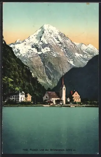 AK Flüelen, Ortsansicht mit Kirche und dem Bristenstock