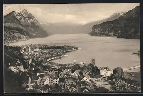 AK Weesen, Teilansicht mit See aus der Vogelschau