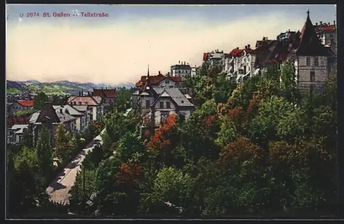 AK St. Gallen, Tellstrasse aus der Vogelschau