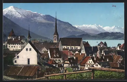 AK Zug, Ortsblick mit Kirchturm und Alpen