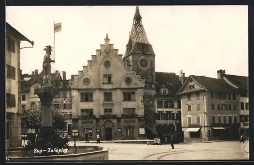 AK Zug, Kolinplatz mit Restaurant Aklin, Turm, Brunnen
