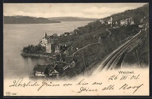 AK Walchwil, Teilansicht mit Bahnschienen aus der Vogelschau