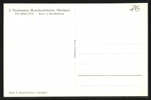 AK Oberägeri, Ortspanorama mit Motorboot, J. Nussbaumer, Motorbootfahrten