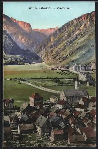 AK Andermatt, Ortsansicht von oben mit Gotthardstrasse