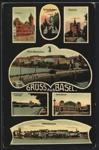 AK Basel, Bundesbahnhof, Rathaus, Rheinpanorama