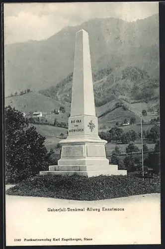 AK Ennetmoos, Überfall-Denkmal mit Inschrift Das Volk von Nidwalden am Allweg