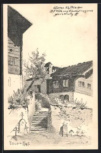 Künstler-AK Glarus, Teilansicht mit Wohnhäusern