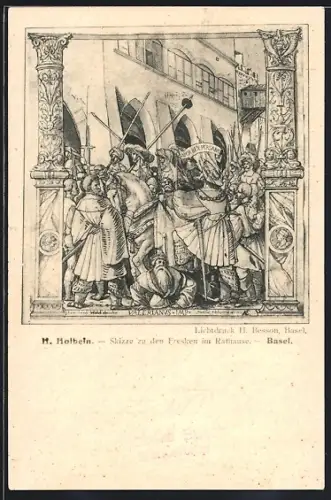 AK Basel, Skizzen zu den Fresken im Rathaus von Hans Holbein