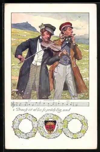 Künstler-AK Karl Friedrich Gsur: Deutscher Schulverein Nr. 107: Burschenschaftler mit Geige und Flöte auf einer Wiese