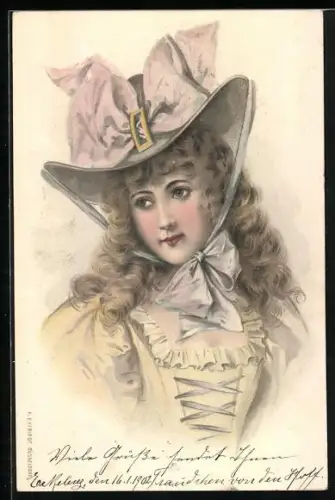 Lithographie Damenportrait mit Hut und Schleife, Jugendstil