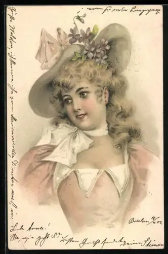 AK Fräulein im rosafarbenen Kleid mit Hut, Jugendstil