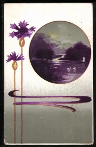 Künstler-AK See, Blumen nach Art des Jugendstil