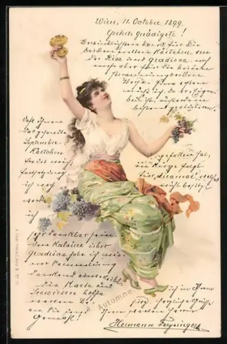 AK Frau mit Weinglas und Trauben, Allegorie, Herbst