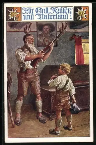 AK Deutscher Schulverein Nr. 789: Für Gott, Kaiser und Vaterland!, Vater mit Sohn und Gewehr