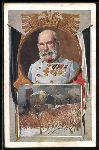AK Portrait vom Kaiser Franz Josef I. von Österreich und sein Schloss im Winter