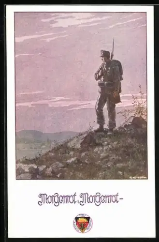 Künstler-AK Ernst Kutzer: Soldat auf einem Berg im Morgenrot, Deutscher Schulverein Nr. 662