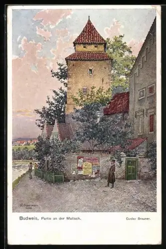 Künstler-AK sign.Gustav Brauner: Budweis / Ceske Budejovice, Partie an der Maltsch