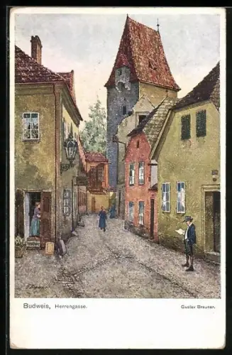 Künstler-AK Budweis / Ceske Budejovice, Blick in die Herrengasse