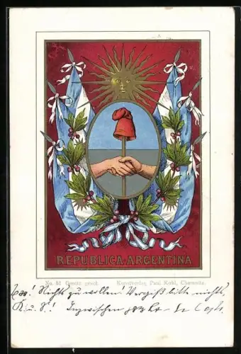 Lithographie Argentinien Nationalwappen, Escudo Nacional Argentino