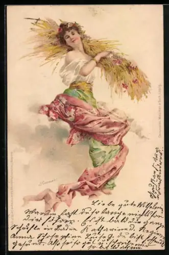 Glitzer-Perl-AK Junge hübsche Dame mit Blumen im Haar trägt Getreide auf der Schulter