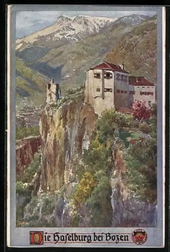 Künstler-AK Deutscher Schulverein Nr. 334, E.F. Hofecker: Panoramablick auf die Haselburg bei Bozen