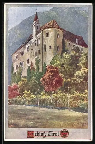 Künstler-AK E.F. Hofecker: Schloss Tirol, Ansicht mit Bergpanorama, Deutscher Schulverein