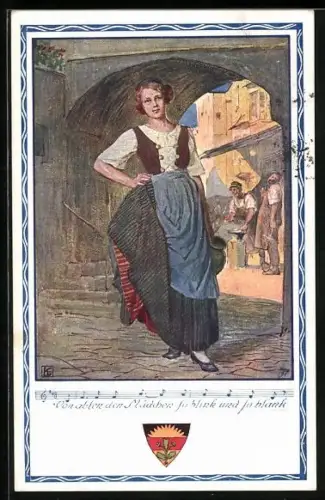 Künstler-AK Karl Friedrich Gsur, Deutscher Schulverein Nr. 372: Frau vor einem kleinen Bogen