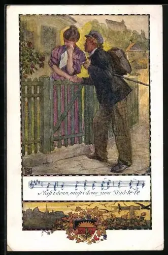 Künstler-AK Karl Friedrich Gsur: Frau weint an Tor und Mann mit Wanderausrüstung, Deutscher Schulverein Nr. 367