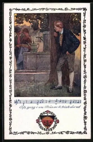 Künstler-AK Karl Friedrich Gsur, Deutscher Schulverein NR 368: Mann hinter Baum auf Paar am Brunnen schauend