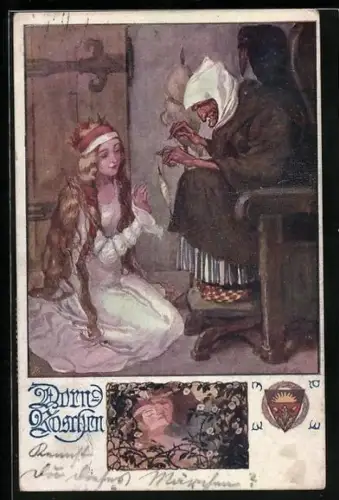 Künstler-AK Dornröschen, Motiv mit Spindel, Deutscher Schulverein