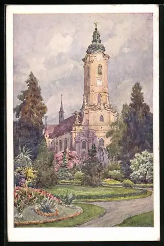 AK Deutscher Schulverein NR. 1598: Hans Götzinger: Stift Zwettl, Frontansicht der Stiftskirche