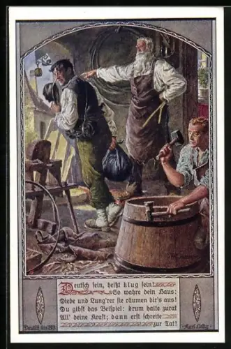 Künstler-AK Kuderna: Deutscher Schulverein NR 803: Fassbauer entlässt einen Arbeiter, Spruch