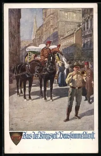 AK Deutscher Schulverein NR 843: Haussammeldienst, Soldaten mit Fuhrwerk, die Passanten spenden, Junge mit Trompete