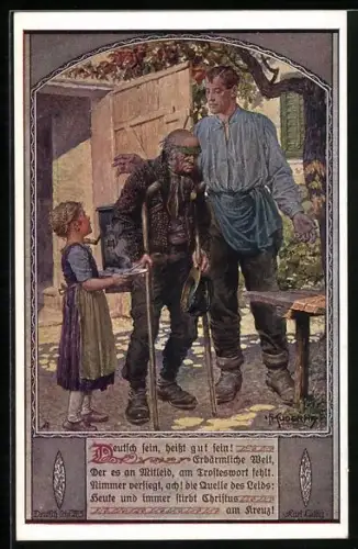 Künstler-AK Franz Kuderna: Deutscher Schulverein Nr. 805, Mann und Tochter bieten altem Mann Sitzplatz und Essen an