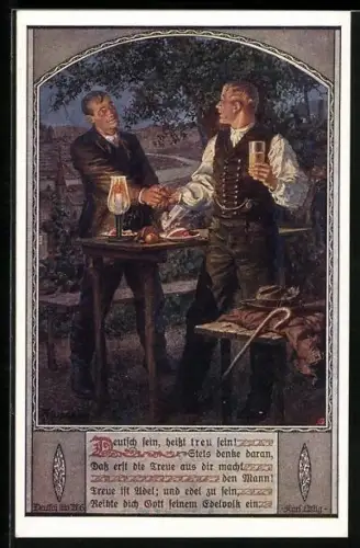 Künstler-AK Kuderna: Deutsch sein, heisst treu sein, Zwei Männer begrüssen sich beim Essen, Deutscher Schulverein