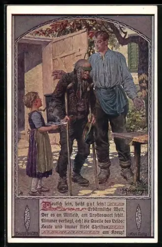 Künstler-AK Franz Kuderna: Deutscher Schulverein Nr. 805, Mann und Tochter bieten altem Mann Sitzplatz und Essen an