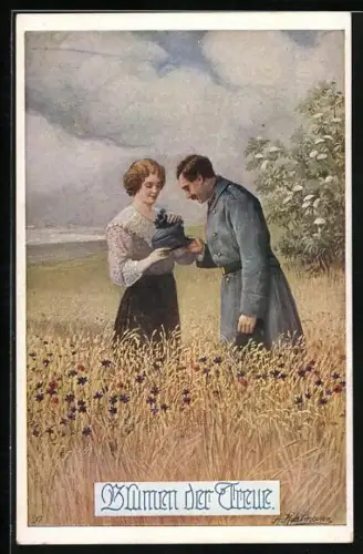 AK Deutscher Schulverein Nr. 733: Blumen der Treue, Soldat und Braut