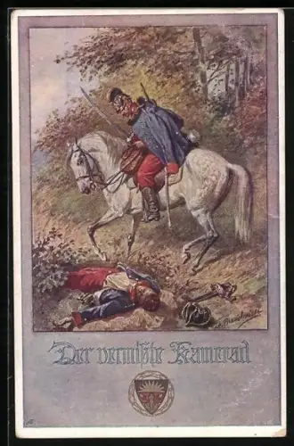 Künstler-AK Deutscher Schulverein Nr. 740: österreichischer Kavallerist zu Pferde findet seinen vermissten Kameraden