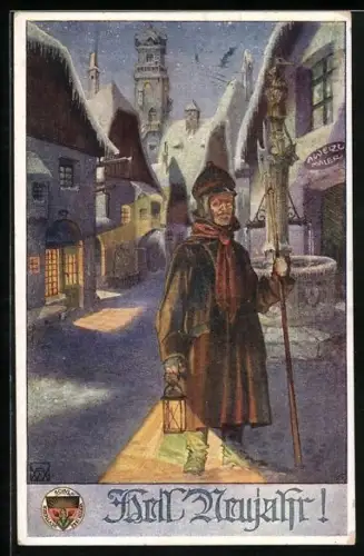 AK Deutscher Schulverein NR 746: Nachtwächter mit Laterne und Lanze in winterlicher Stadt, Heil Neujahr!