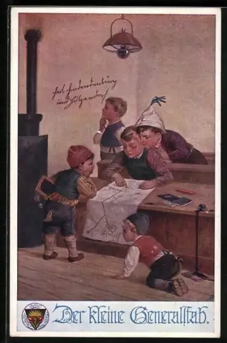 AK Deutscher Schulverein NR: 750, Kinder spielen Krieg, Der kleine Generalstab an der Kriegskarte