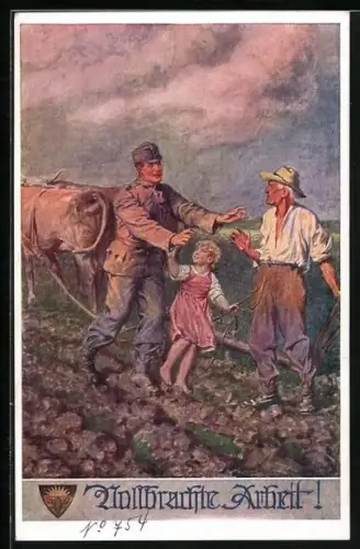 AK Deutscher Schulverein Nr. 754: Vollbrachte Arbeit!, österreichischer Soldat und Bauer
