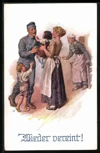 AK Wieder vereint, Österreichischer Soldat in Uniform bei seiner Familie