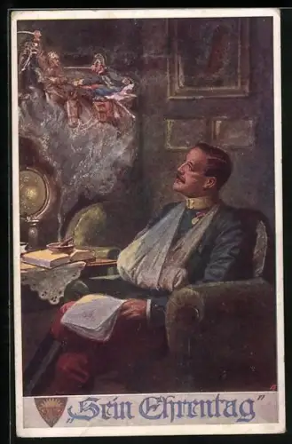 AK Deutscher Schulverein Nr. 700: Sein Ehrentag, Verletzter österreichischer Soldat im Sessel