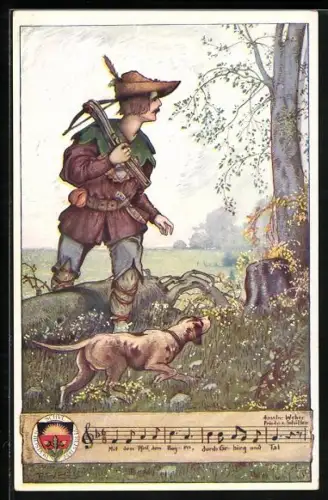 Künstler-AK T. Welzl: Jäger mit Hund auf Streifzug durch den Wald, Deutscher Schulverein