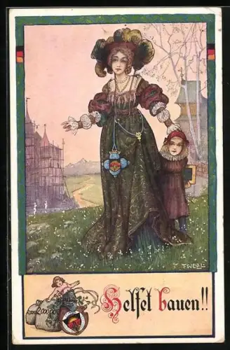 Künstler-AK T. Welzl: Elegant gekleidete Frau mit Kind -Helfet bauen