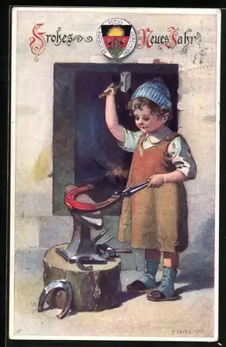 Künstler-AK E. Reckziegel: Kind mit Schürze schmiedet ein Hufeisen, Neujahrsgruss, Deutscher Schulverein
