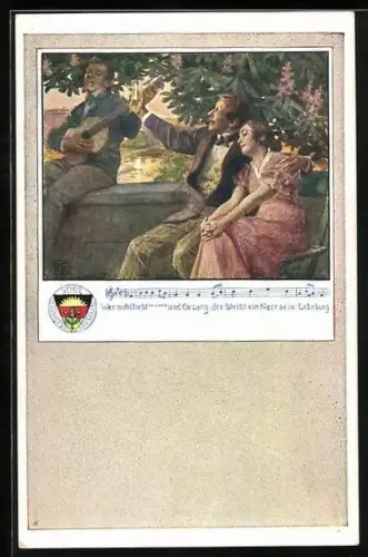 Künstler-AK Karl Friedrich Gsur: Deutscher Schulverein NR 63: Pärchen unter dem Baum hört dem Gitarrenspieler zu
